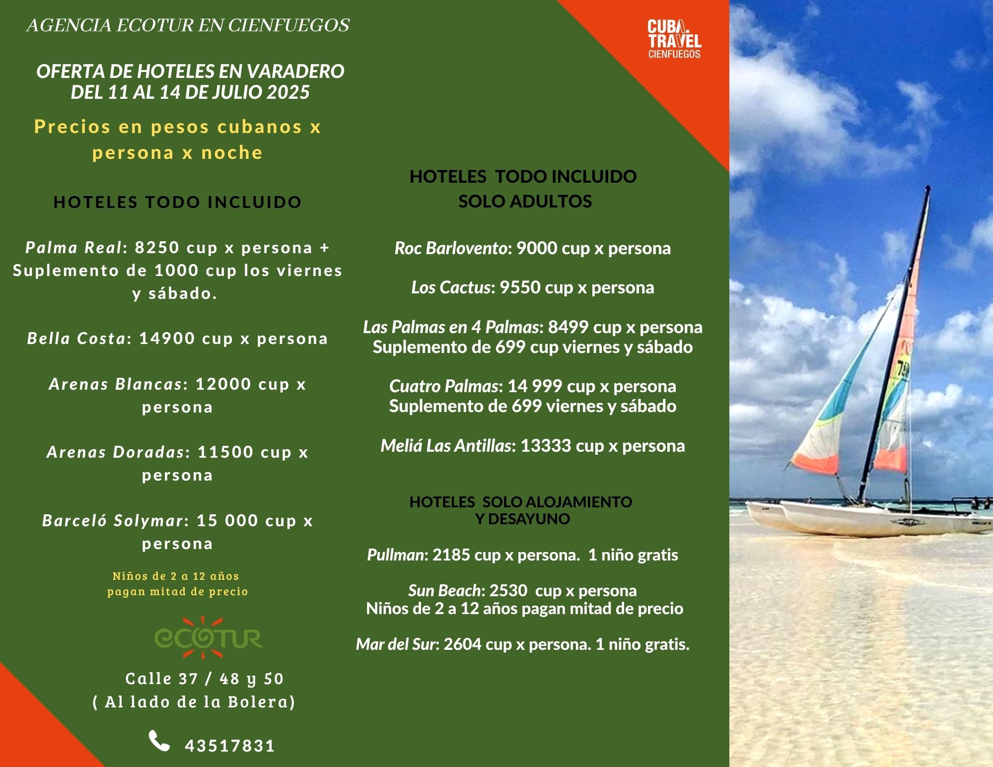 Oferta de hoteles desde Cienfuegos a Varadero.Julio 2025